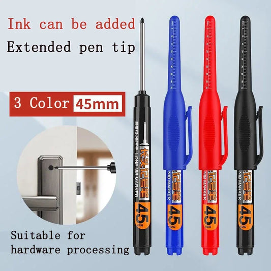 10PCS 45mm Tip Waterproof Long Head Marker Pen Quick-Dry Ink for Woodworking Construction, Deep Hole Non-Toxic Black Red Blue