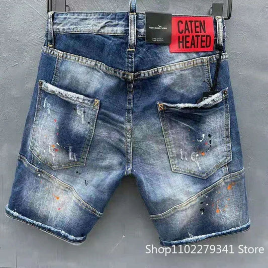 New Summer Men Blue Denim Shorts Italian Style Male Shorts Jeans High Quality Male Stretch Fit Ripped Denim Jeans Shorts Size 38