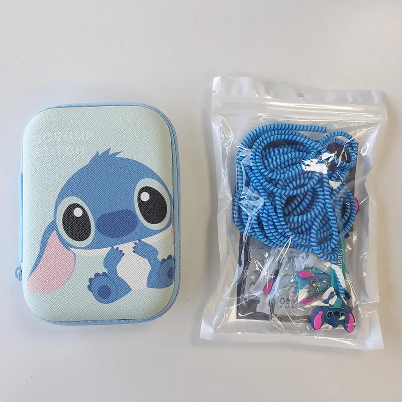 Disney Stitch Data Cable Protective Cover Miniso Cartoon Figure Iphone Charger Head Sticker Earphone Line Usb Winder Storage Bag