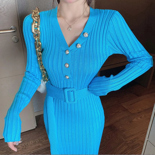 YuooMuoo2024 Autumn Winter Women Ribbed Knitted Dress Elegant V-neck Buttons Bodycon Sweater Dress with Belt Lady Office Vestido