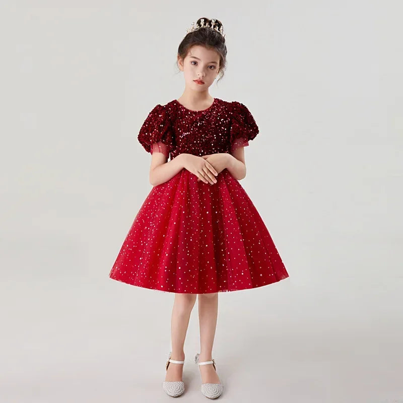 2023 Girls Autumn Long Sleeve Sequin Mesh Ball Gown Dress Stage Performance Princess Dress Kids Sweet Host Dresses 3-14Years