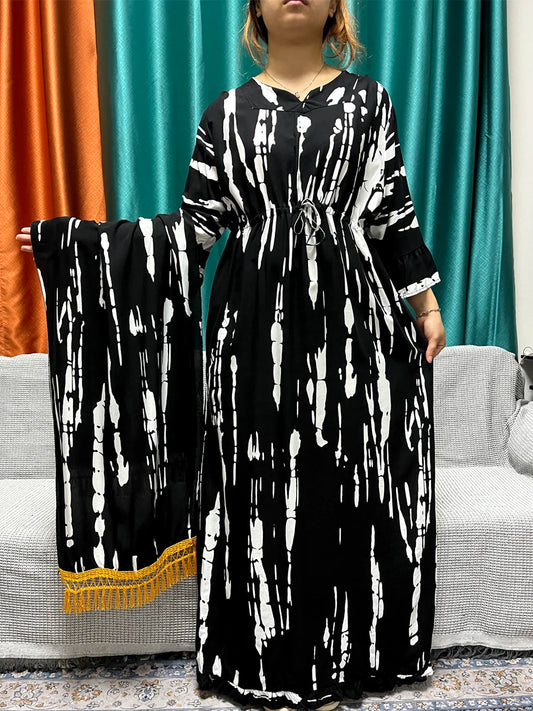 2024 Cotton Abayas For Women Islam Printed Long Sleeves Loose Fit Femme Robe Muslim Two Piece Abaya Set With Tassel Hijabscarf
