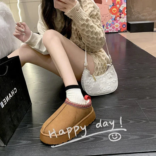 Snow Boots 2024 Winter New Women Cashmere Warm Thick Soles Without Heel-covered Hair Half Slipper Cotton Shoes for Women