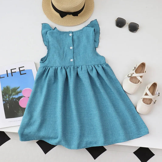 Bear Leader Summer Ruffled Edge Sleeveless Solid Color Girls Bow Princess Dresses Kids Clothing Baby Casual Wear 3-7 Years