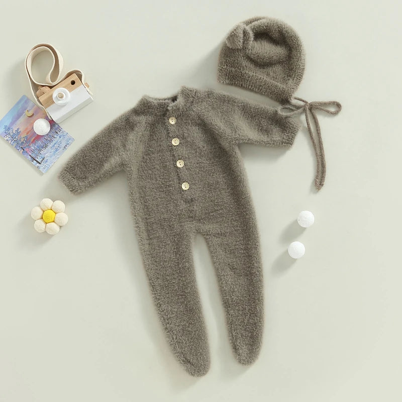 1-24M Baby Boy Girl Bodysuits Outfit Newborn Photography Props Plush Romper with Hat Photography Props
