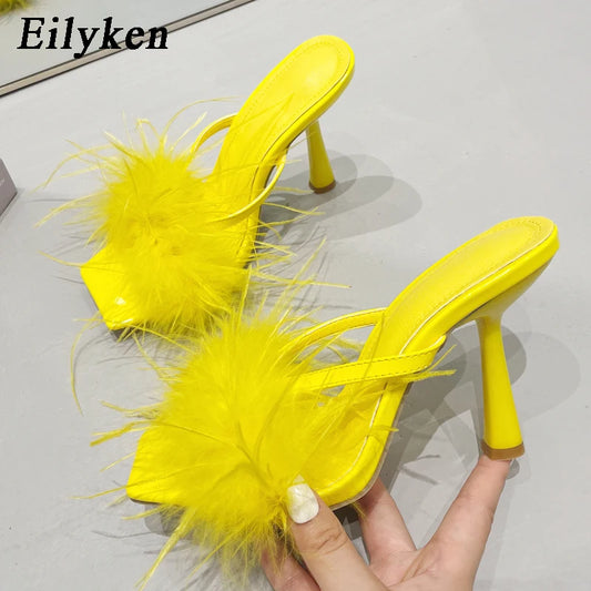 Eilyken Summer Fashion Fluffy Furry Women Slippers Female Gladiator Sandals Party Banquet Mules High Heels Slides Shoes