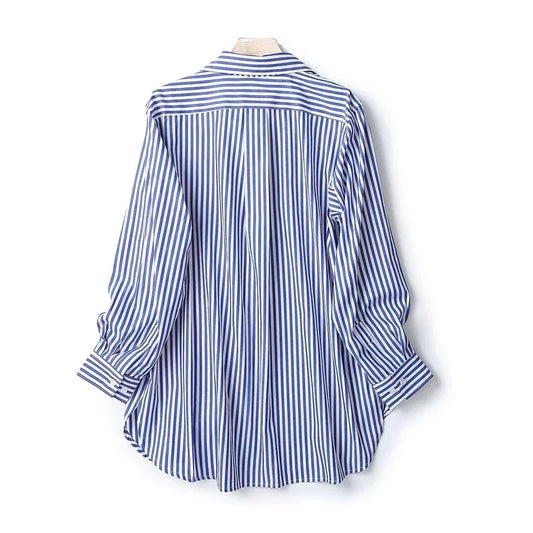 Maxdutti 2023 England Style Office Lady High Street Fashion Blouse Striped Loose Shirt Pure Cotton Casual Blouse Women