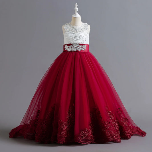 Teen Wedding Party Trumpet / Mermaid Long Dresses for Girl Red Christmas Formal Evening Gown Pageant Ceremony Children's Dress