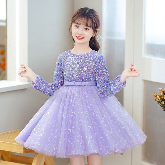 2023 Girls Autumn Long Sleeve Sequin Mesh Ball Gown Dress Stage Performance Princess Dress Kids Sweet Host Dresses 3-14Years