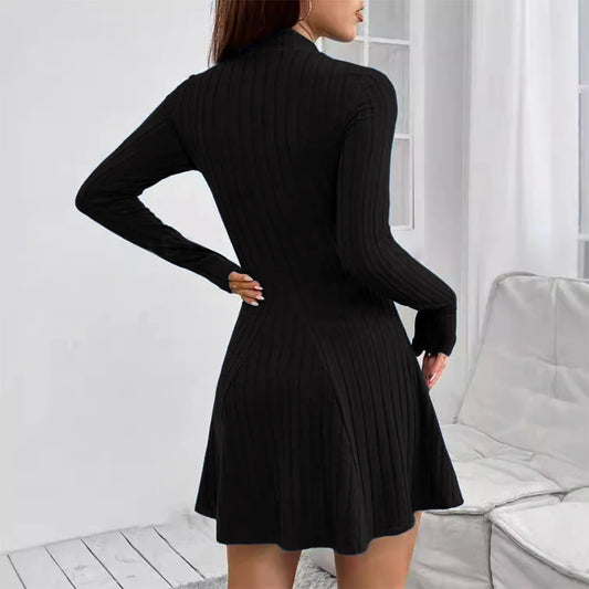 Elegant Women Simple Slim Short Dress Solid Striped Sweater Long Sleeve Dress Round Neck 2024 Autumn Winter Commute Street Dress