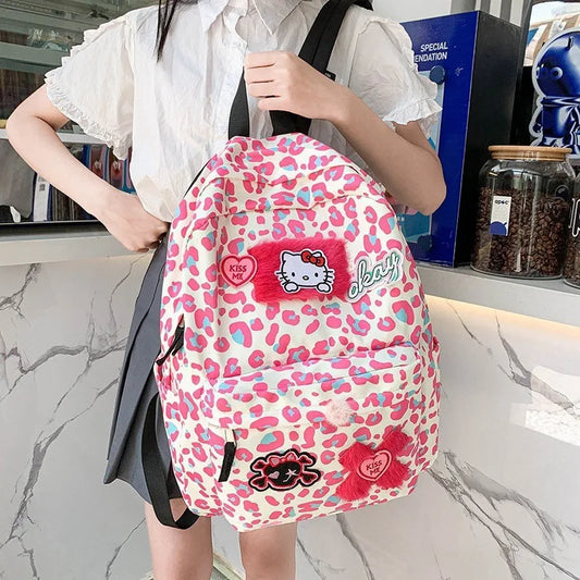 Backpack women leopard print Japanese soft girl cartoon backpack Hello Kitty Korean ins cute student schoolbag