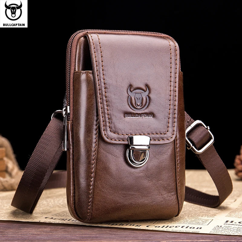 BULLCAPTAIN Genuine Leather Vintage Waist Packs Men Travel Fanny Pack Belt Bum shoulder Bag Waist Bag Mobile Phone Pouch