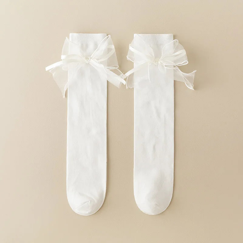 Ribbon Bow Kids Stockings Autumn Little Girl Over Knee Socks Solid Color Children Cotton Long Sock Princess Baby Calf Stocking