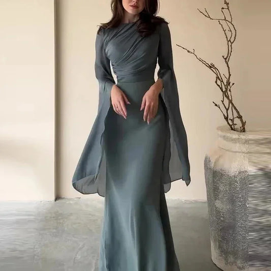 Fashion Satin Solid Robe Dress Women Elegant Batwing Sleeves High Waist Pleats Long Dress Stylish Glass Tulle Slim Evening Dress