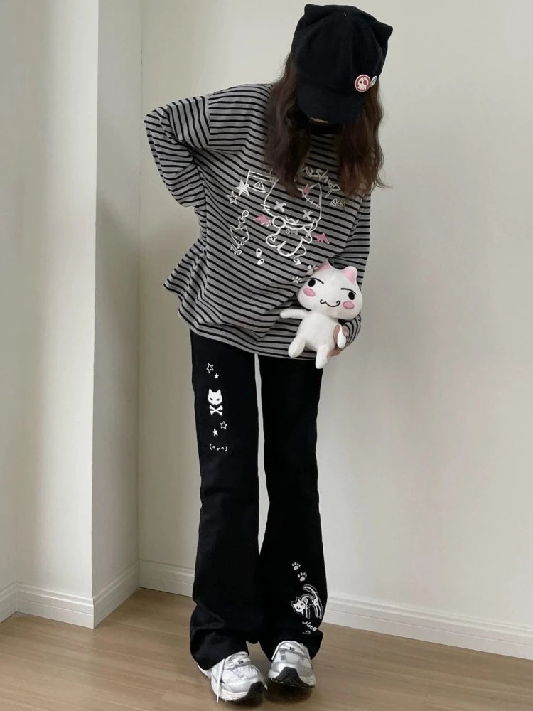 Deeptown Y2k Harajuku Streetwear High Waist Wide Leg Pants Women Japanese Kawaii Grunge Cartoon Print Trousers Soft Gilr 2024