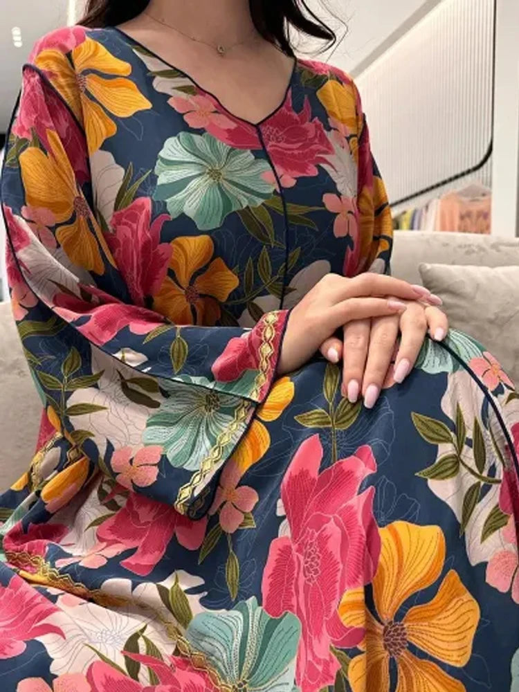 Women Clothing Dress Summer Autumn Long Sleeve Female Robe Dress Loose Causal Flowers Printed Ladies Long Dress Muslim Dress