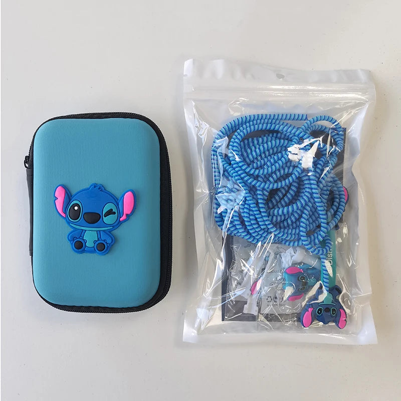 Disney Stitch Data Cable Protective Cover Miniso Cartoon Figure Iphone Charger Head Sticker Earphone Line Usb Winder Storage Bag