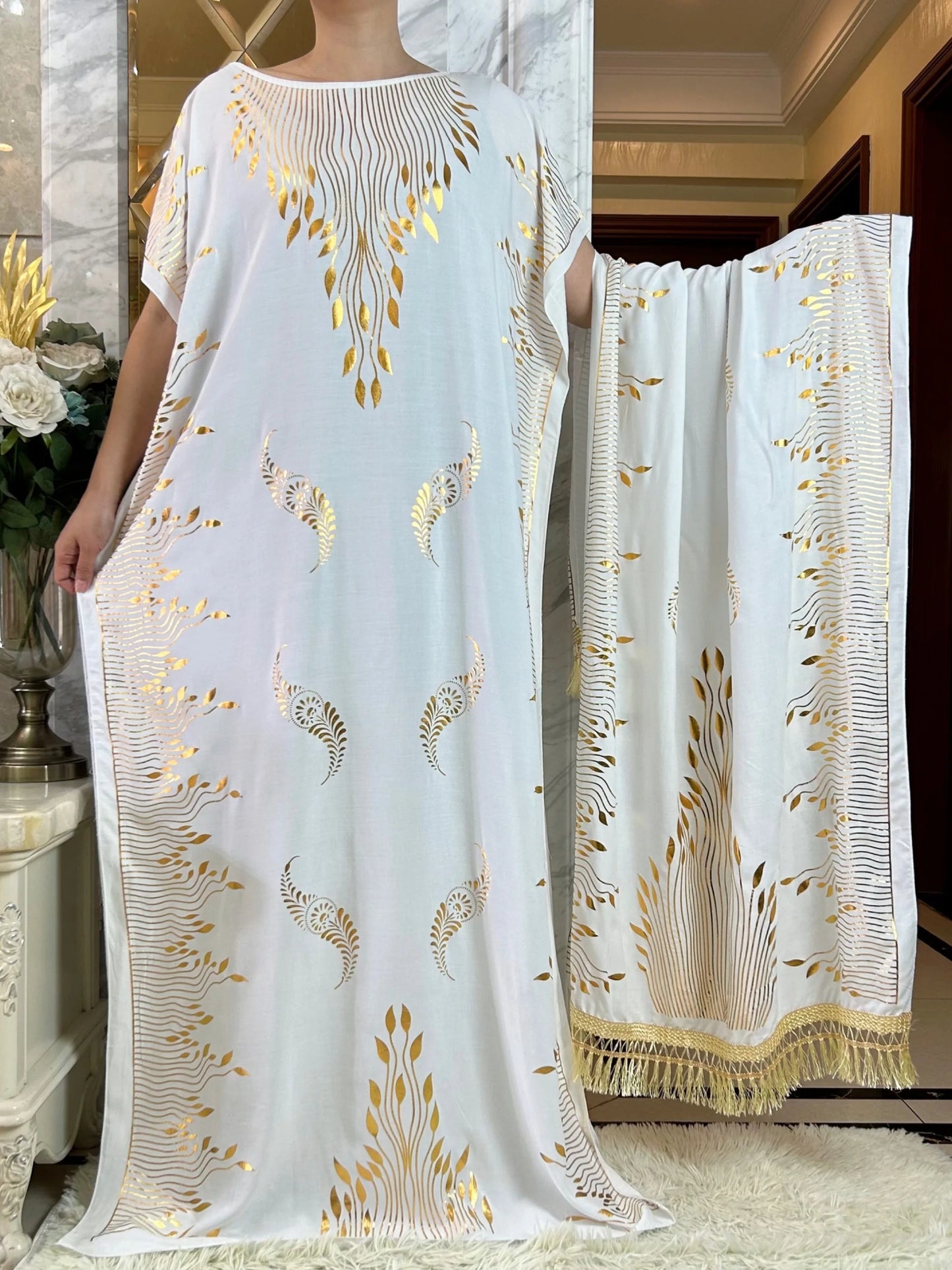 2024 Summer Short sleeve Dress Pure Cotton Gold Stamping Loose Abaya Maxi Islam Dress With Tassels Big Scarf African Long Dress