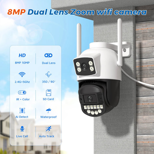 10MP IP Camera Outdoor 5G WiFi Camera 4X Zoom 4K 8MP HD Dual Lens Two Way Audio AI Auto Tracking CCTV Video Surveillance Camera