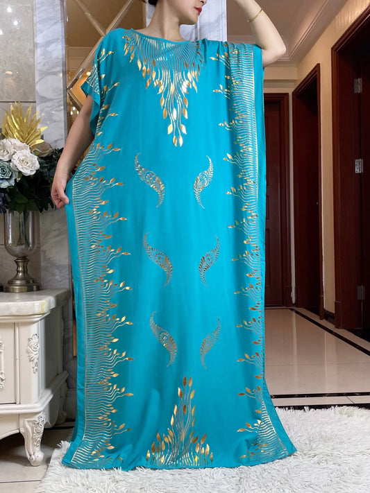 2024 Summer Short sleeve Dress Pure Cotton Gold Stamping Loose Abaya Maxi Islam Dress With Tassels Big Scarf African Long Dress