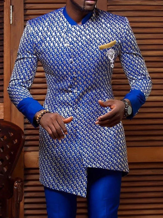 Tops Muslim Men Ethnic Print Pattern Shirts Casual Well Fitting Male Long Sleeved Stand Up Collar Blouse Islam Morocco Dubai Top