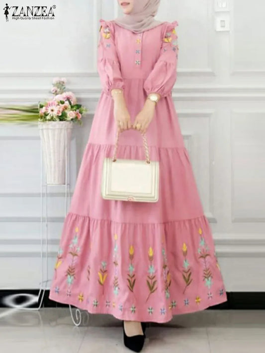 Vintage Women Long Sleeve Muslim Dress Abaya ZANZEA Spring Flroal Printed Vestidos Dubai Turkey Sundress Jilbab IsIamic Robe