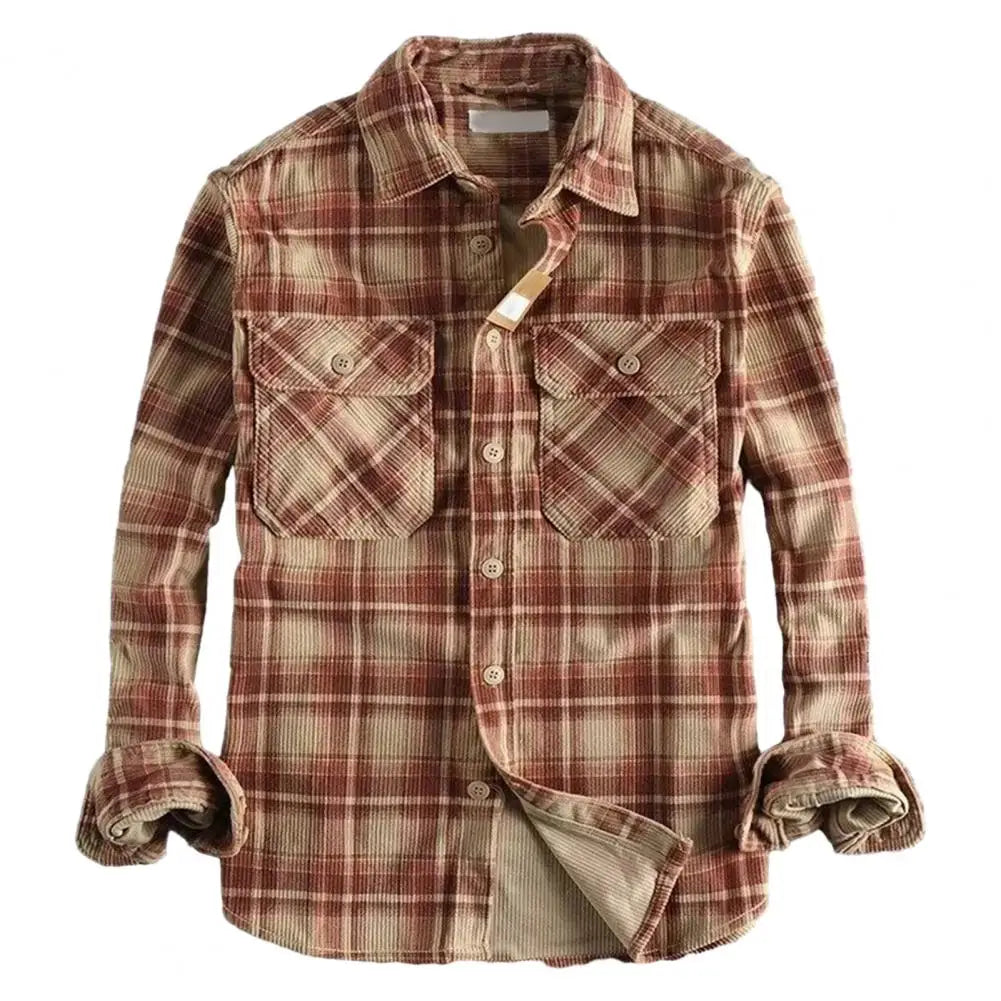 Single-breasted Shirt Plaid Print Men's Cardigan Coat Stylish Mid-length Formal Shirt with Turn-down Collar for Fall