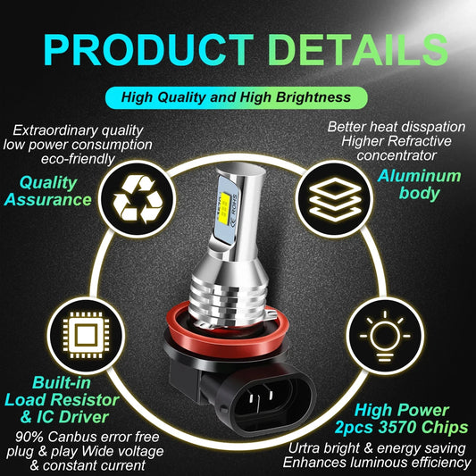 2Pcs H8 H9 H11 LED Fog Lamp Car Fog Light Bulbs Auto Motorcycle Headlight Driving Running Lamps 12V 24V 6000K 3000K 12000K