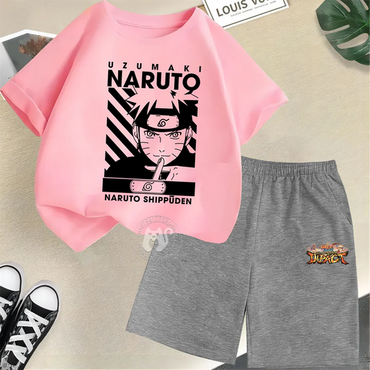Summer Boys & Girls 100% Cotton T-shirt + Shorts Cartoon Naruto Creative Fashion street casual comfortable kids wear