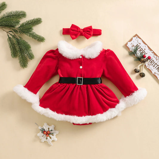 MISOWMNJOY Christmas Baby Party Clothes for Girls Rompers Dress Cute Velvet Skirt Hem Long Sleeve Toddler Bodysuit with Headband