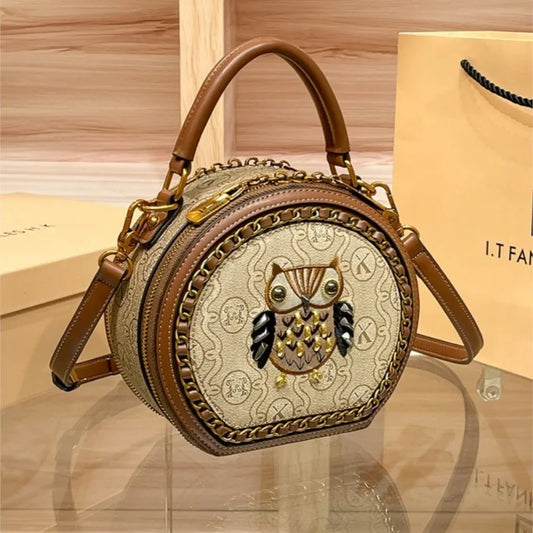 Brand Bag Women's 2024 New Designer High Quality Handheld Shoulder Bag Contrast Color Diagonal Cross Leather Small Round Bag