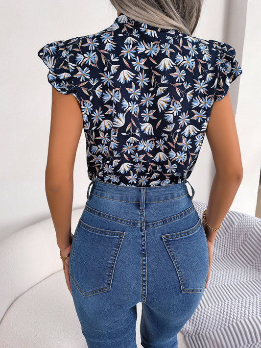 Women Casual Floral Print Bow Ruffles Chiffon Blouse Summer Top