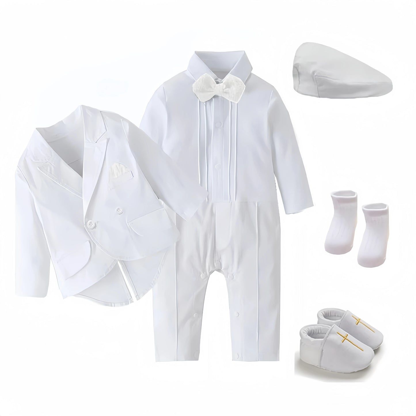 White Baby Baptism Formal Dress for Boys Romper with Coat Hat 6 PCS Infant Solid Birthday Wedding Suit Newborn Cotton Fall Set