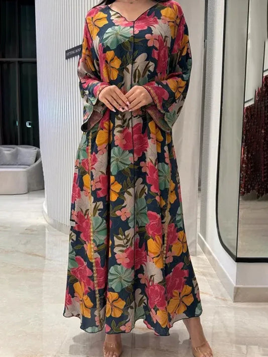 Women Clothing Dress Summer Autumn Long Sleeve Female Robe Dress Loose Causal Flowers Printed Ladies Long Dress Muslim Dress