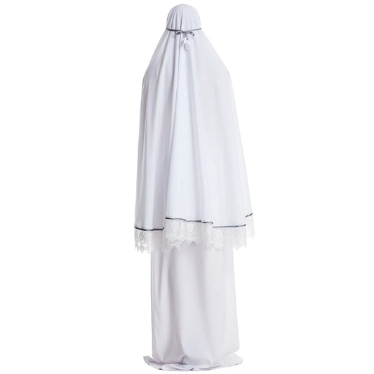 2 Pcs Muslim Women Solid Color Lace Long Hijabs Abaya Ankle Length Arab Lady Modest Tube Skirts Prayer Ramadan Eid Clothes