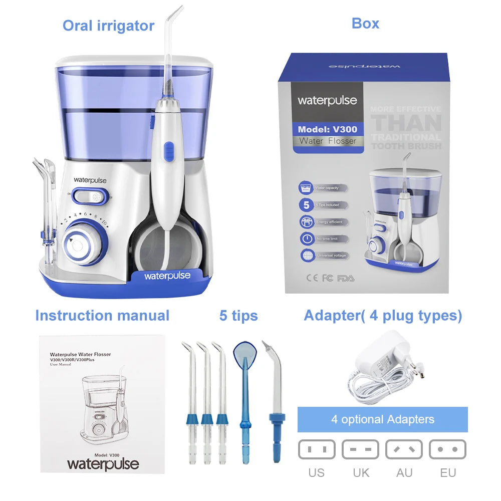 Waterpulse V300G Oral Irrigator 5pcs Tips Dental Water Flosser Electric Cleaner 800ml Oral Hygiene Dental Flosser For Oral Care