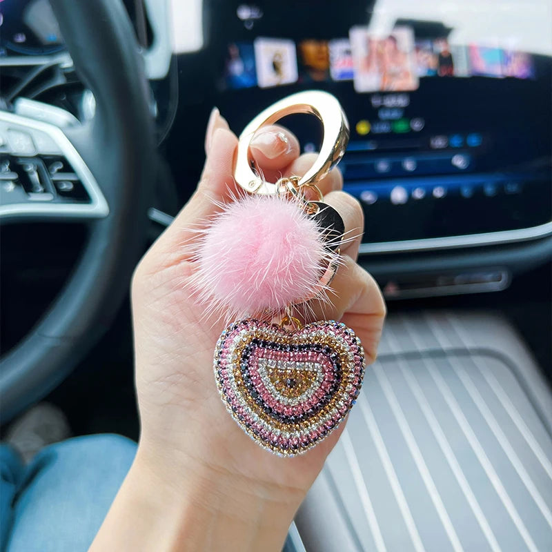 Full diamond mink heart-shaped keychain, large round buckle pendant, peach heart bag hanging decoration, car remote control keyc