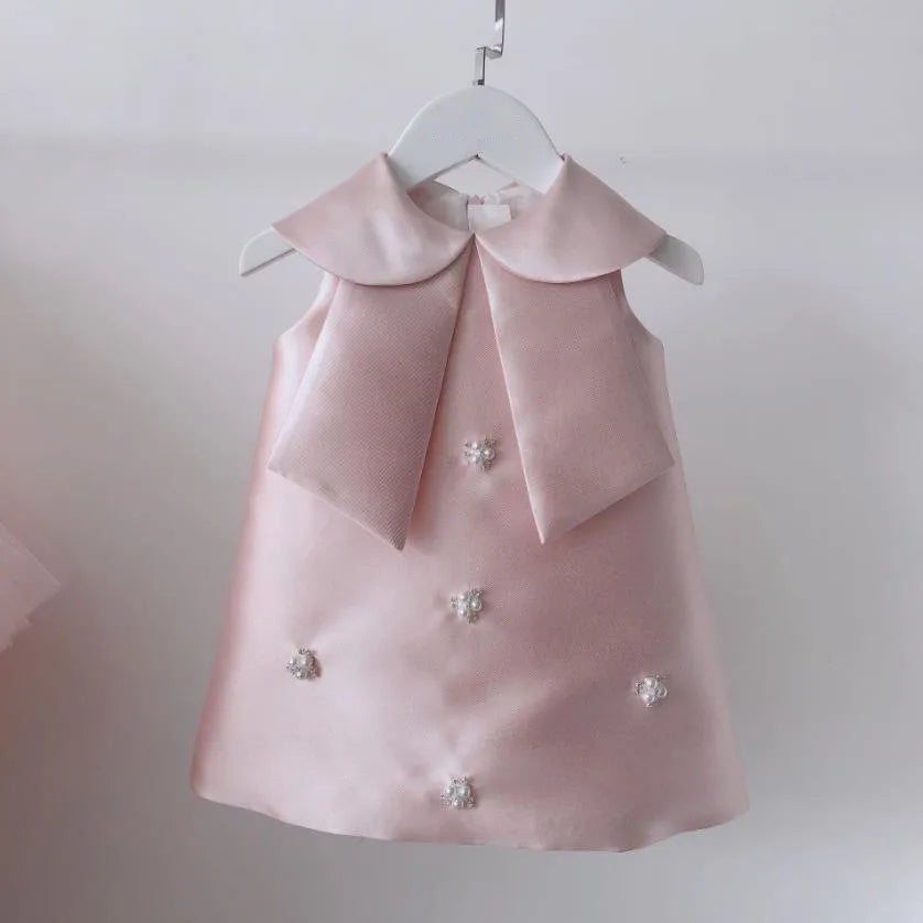 Flower Girl Pink Gown Children Birthday Baptism Dresses For Kids Elegant Lace Bow Frocks Girls Boutique Party Clothes A1339