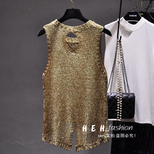 Chun Xia Sexy Hollow Out Round Collar Split Sequins Condole Belt Vest Perspective Sequined Sleeveless Blouse Tank Top Woman