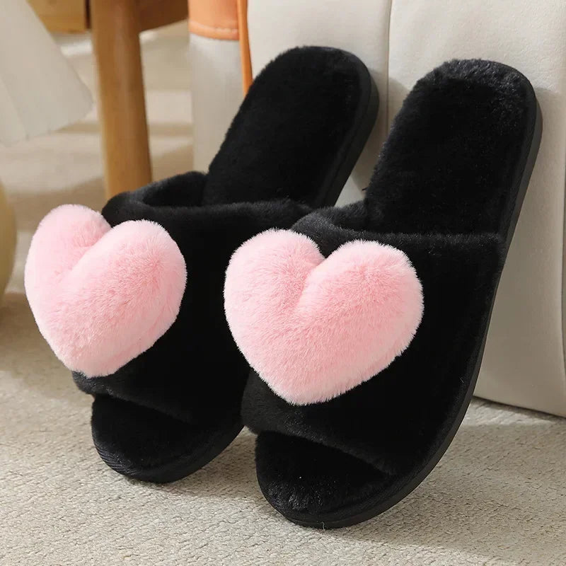 Women Warm Home Slippers Men Indoor Bedroom Cute Heart Pattern Slides Adults Non-slip Plush House Sandals Couples Fashion Shoes