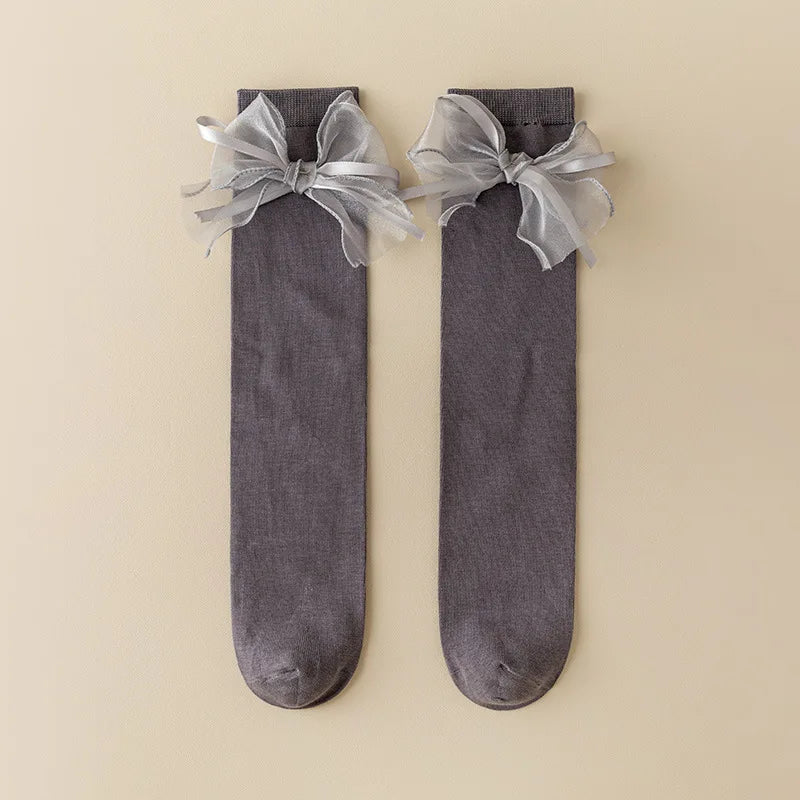 Ribbon Bow Kids Stockings Autumn Little Girl Over Knee Socks Solid Color Children Cotton Long Sock Princess Baby Calf Stocking