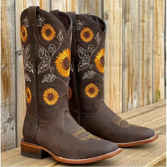 Western Cowboy Women Boots Coarse High Heel Embroidered Boot Ladies Toe Knee High Boots Shoes Suede Shoes Women's Boots