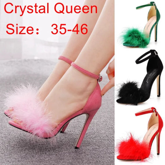 Sexy Feather High Heel Sandals Women's European American Large 46 Fish Mouth High Heel Sandals Women Shallow Mouth Women's Shoe