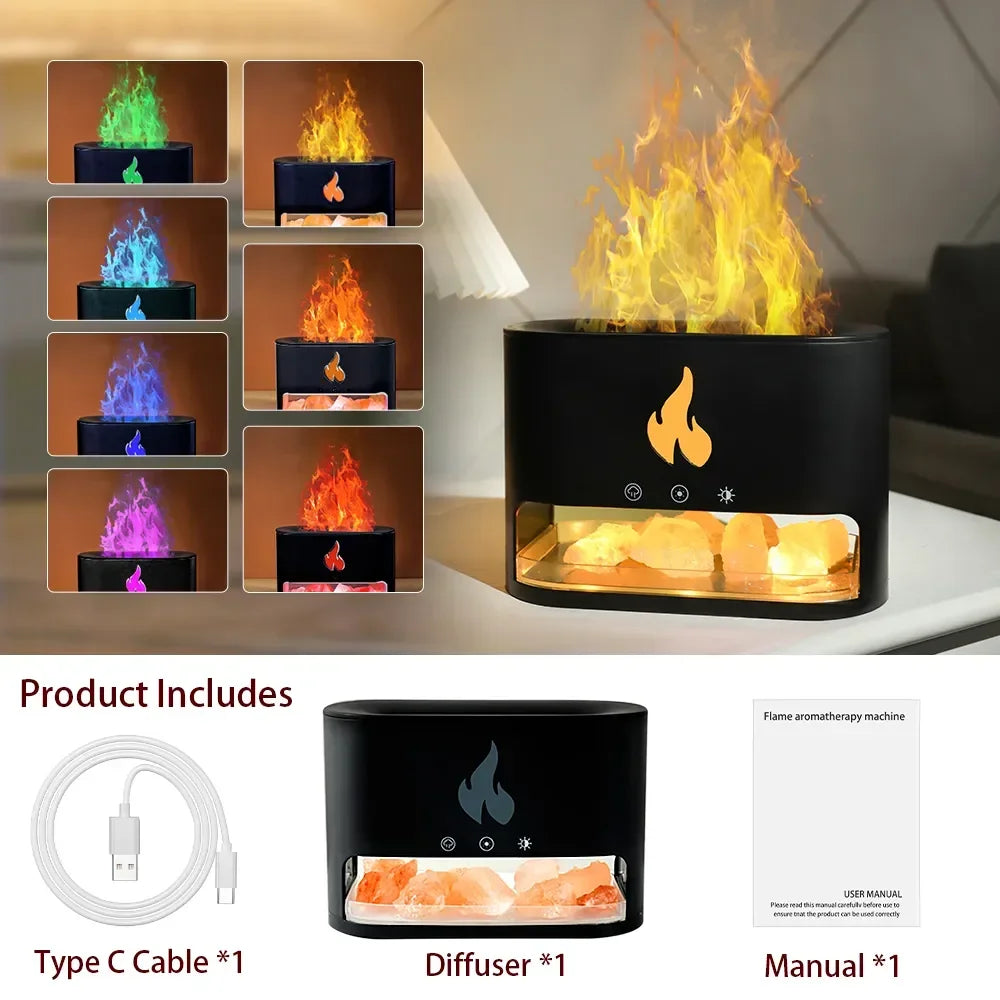 7 Color Flame Aroma Volcano Air Humidifier Essential Oil Diffuser for Home New Fireplace Humidifier Crystal Salt Rock Fire Lamp