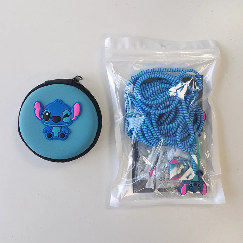 Disney Stitch Data Cable Protective Cover Miniso Cartoon Figure Iphone Charger Head Sticker Earphone Line Usb Winder Storage Bag