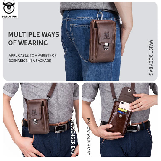 BULLCAPTAIN Genuine Leather Vintage Waist Packs Men Travel Fanny Pack Belt Bum shoulder Bag Waist Bag Mobile Phone Pouch