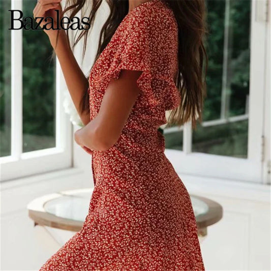 2024 Petal Sleeve Dress Red Floral Print Buttons Summer Dress Casual Boho Party Midi Dresses