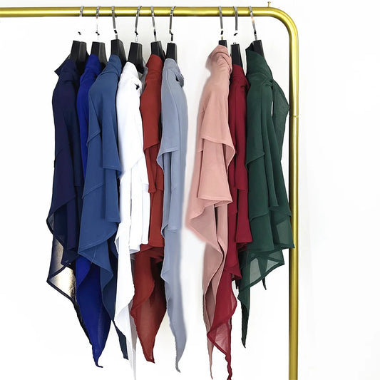2024 Summer Three-layer Chiffon Hijab Solid Color Khimar Adjustable Women's Gauze Ethnic Shawl Breathable and Comfortable Hijab