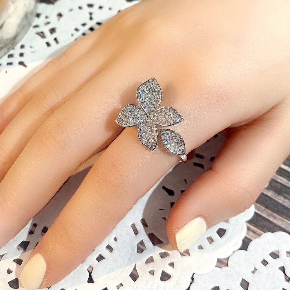 Huitan Gorgeous Leaf/Flower Design Adjustable Opening Rings for Women Paved Bling Cubic Zirconia Fashion Wedding Party Jewelry