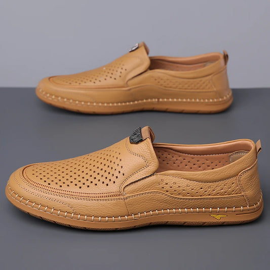 Men Casual Summer Footwear Breathable Mens Leisure Walk Loafers Genuine Leather Moccasins Hollow Out Slip on Male Driving Shoes